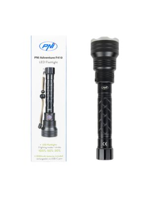 PNI Adventure F410 alumiinitaskulamppu, 10 W LED, 700 lumenia, jopa 250 m, IP44, USB Type C, 3000 mAh akut