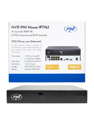 NVR POE PNI House IP716J, 16 kanavaa 4K 8MP, 8 POE kanavaa ja 8 IP kanavaa, musta