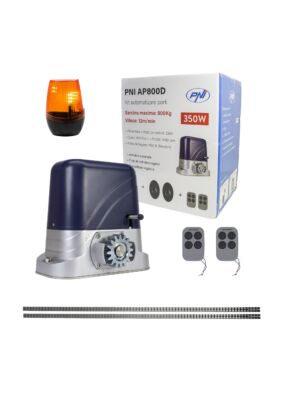 PNI AP800D portin automaatiosarja sisältää 4 m moottoritelineen, valokennot, kaukosäätimen, lampun, 230 V kehitys 1100 N ja 8