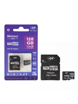 MicroSD PNI 128GB muistikortti SD-sovittimella, Class 10, 80 Mb/s, V30