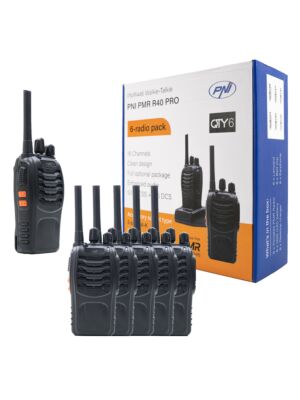 Pakkaus sisältää 6 kannettavaa radioasemaa PNI PMR R40 PRO -akut, laturit ja kuulokkeet