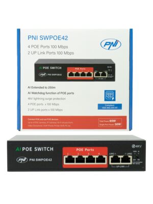 Kytkin POE PNI SWPOE42, jossa on 4 POE-porttia ja 2 100 Mbps porttia