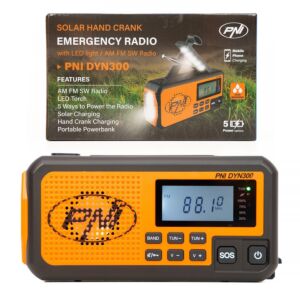 Kannettava radio PNI DYN300, dynamolla, aurinkolataus, taskulamppu, akku 4000 mAh, SOS, oranssi