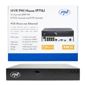 NVR POE PNI House IP716J, 16 kanavaa 4K 8MP, 8 POE kanavaa ja 8 IP kanavaa, musta