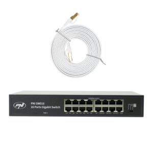 PNI SW016 -kytkinpaketti, 16 x 10/100/1000 Mbps, gigabitti, metallikotelo ja 3 m:n CAT8-liitäntä PNI U8030W