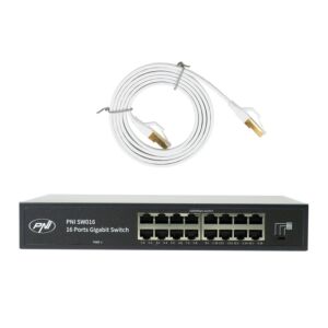 PNI SW016 -kytkinpaketti, 16 x 10/100/1000 Mbps, gigabitti, metallikotelo ja 1,5 m:n CAT8-liitäntä PNI U8015W