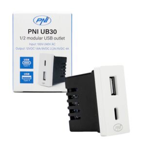 Virtapistoke 2 x USB PNI UB30, USB-A USB-C, 12V/9V/5V, max. 20W, modulaarinen, tyyppi F 1/2, upotettu asennus