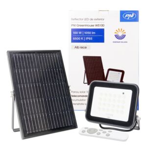 PNI GreenHouse WS100 100W LED-heijastin aurinkopaneelilla, 10000mAh akku, kaukosäädin, säädettävä ajoitus ja kirkkaus