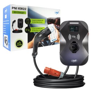 PNI KW22 latausasema, 32A, 22KW, sähköautoille, 85V - 415V, kolmivaiheinen, tyypin 2 kaapeli ja 7-nastainen liitin.